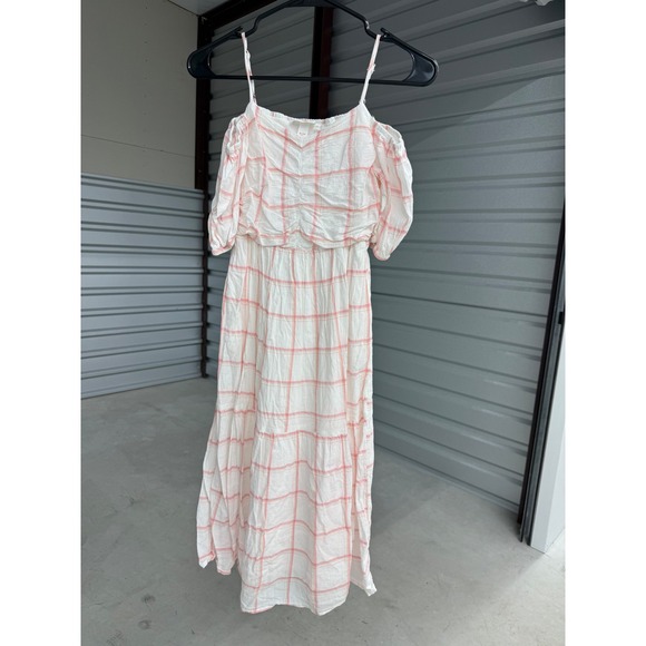Cat & Jack Dresses & Skirts - Cat & Jack Girls XL 14 Cold Shoulder Maxi Dress Pink White Plaid Tiered Smocked
